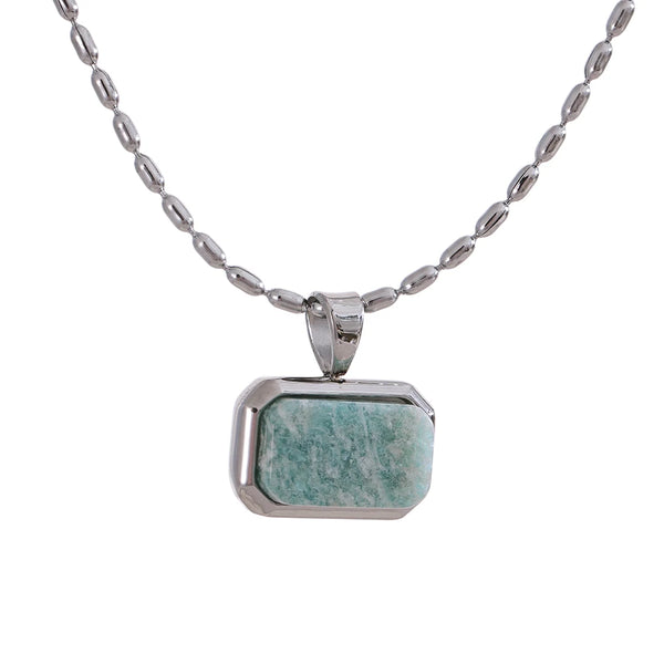 Yhpup Amazonite Square Natural Stone Stylish Pendant Stainless Steel Necklace Chic Exclusive Waterproof High Quality Jewelry