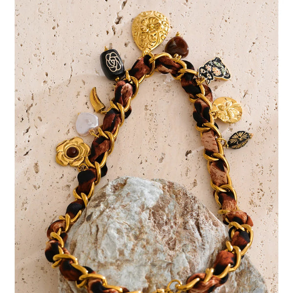 Yhpup New Polyester Cloth Chain Acrylic Pearl Flower Heart Drop Charm Necklace Stainless Steel Handmade Statement Trendy Jewelry