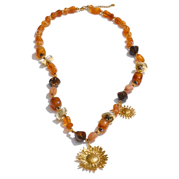 Yhpup 76+6cm Acrylic Plastic Beads Chain Sunflower Pendant Long Necklace Stainless Steel Handmade Charm Jewelry Wholesale 2025