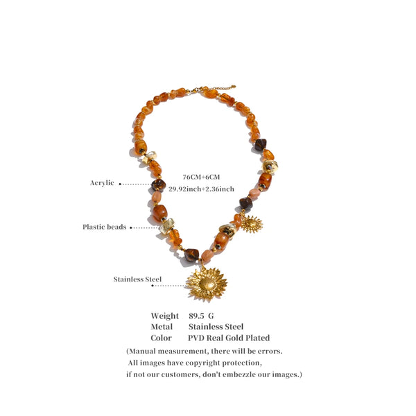 Yhpup 76+6cm Acrylic Plastic Beads Chain Sunflower Pendant Long Necklace Stainless Steel Handmade Charm Jewelry Wholesale 2025