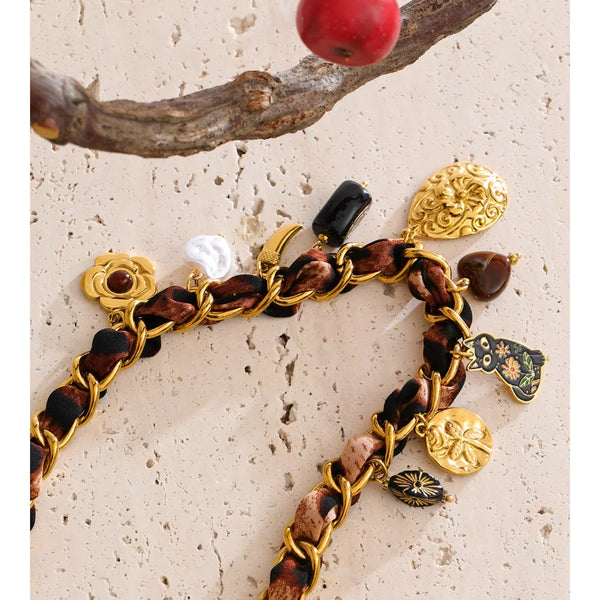 Yhpup New Polyester Cloth Chain Acrylic Pearl Flower Heart Drop Charm Necklace Stainless Steel Handmade Statement Trendy Jewelry