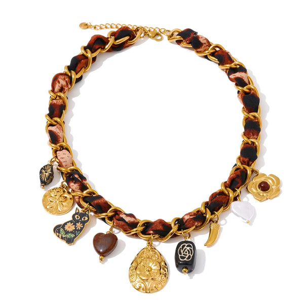 Yhpup New Polyester Cloth Chain Acrylic Pearl Flower Heart Drop Charm Necklace Stainless Steel Handmade Statement Trendy Jewelry