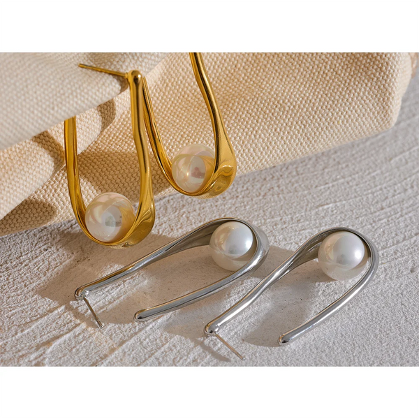 Yhpup Minimalist Stainless Steel Round Imitation Pearls Geometric Huggie Earrings Gold Silver Color Anti Allergic Jewelry Gift