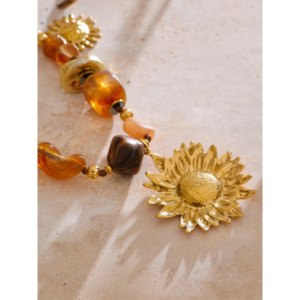 Yhpup 76+6cm Acrylic Plastic Beads Chain Sunflower Pendant Long Necklace Stainless Steel Handmade Charm Jewelry Wholesale 2025