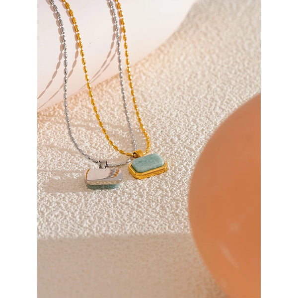 Yhpup Amazonite Square Natural Stone Stylish Pendant Stainless Steel Necklace Chic Exclusive Waterproof High Quality Jewelry
