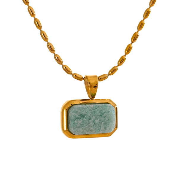 Yhpup Amazonite Square Natural Stone Stylish Pendant Stainless Steel Necklace Chic Exclusive Waterproof High Quality Jewelry