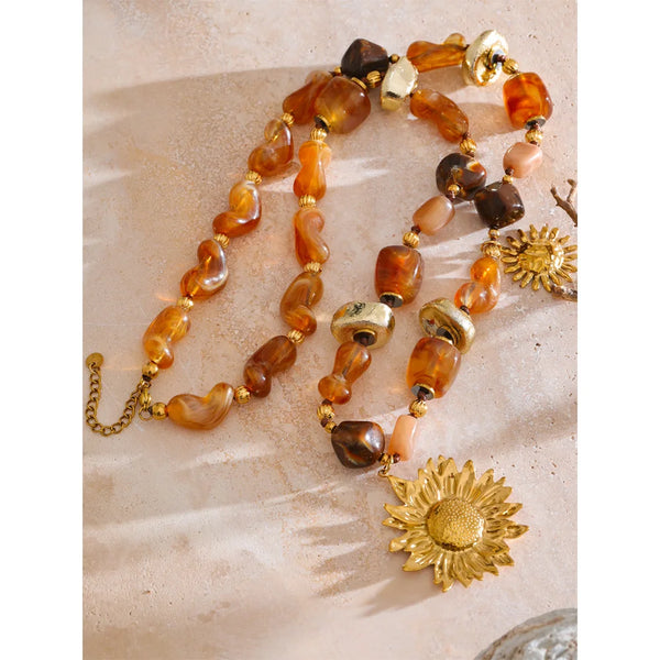 Yhpup 76+6cm Acrylic Plastic Beads Chain Sunflower Pendant Long Necklace Stainless Steel Handmade Charm Jewelry Wholesale 2025