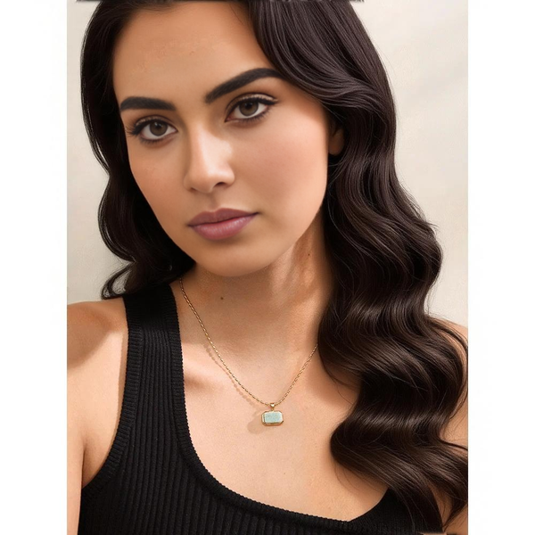Yhpup Amazonite Square Natural Stone Stylish Pendant Stainless Steel Necklace Chic Exclusive Waterproof High Quality Jewelry